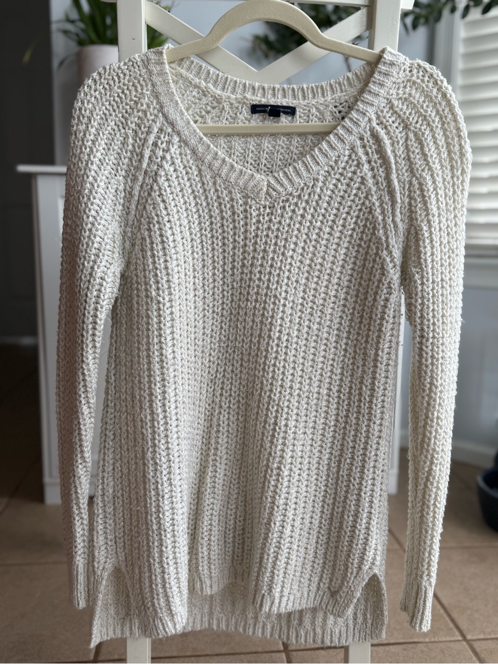 White Knit Sweater w Silver Thread, Women's Size S